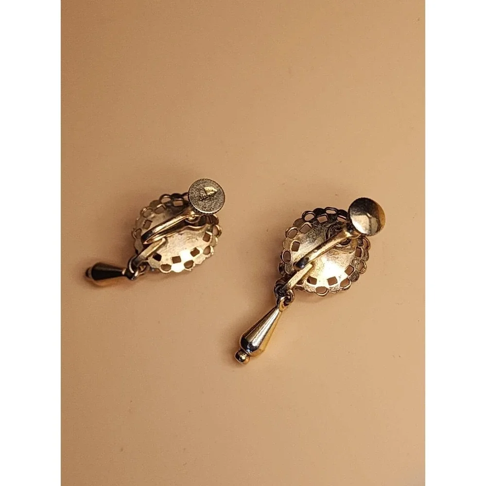 80+ Yr Old Antique CORO Blue Green Dangle Teardrop Gold Tone Screwback Earrings